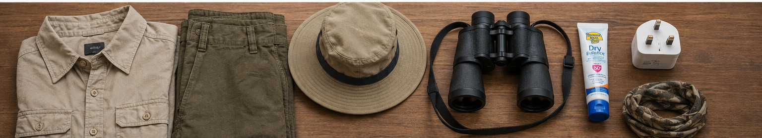 Kenya safari packing essentials including neutral clothing, binoculars, hat, and a Type G power adapter